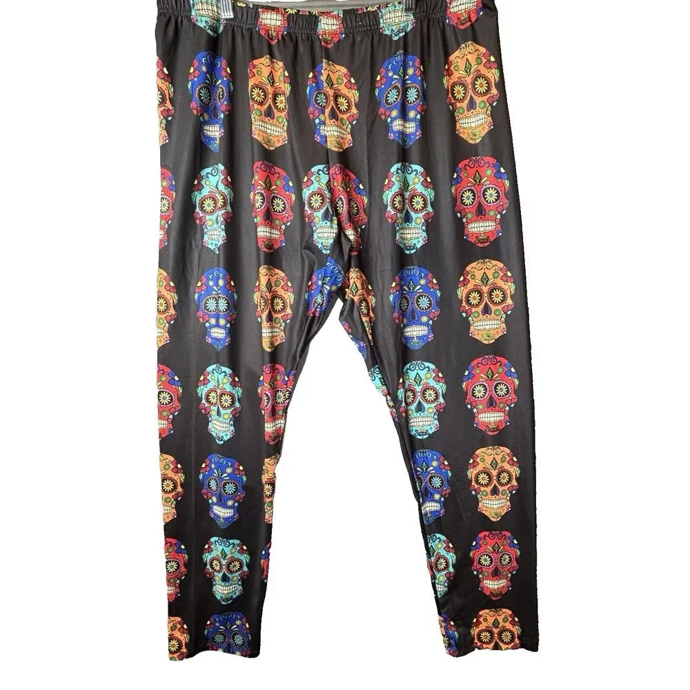 Halloween Sugar Skulls Black Leggings Womens Size XXX-Large‎ NWOT READ